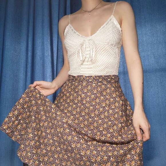 70s brown dainty floral midi wrap skirt  ✦ vintage cottage cotton circle skirt ✦ - Picture 1 of 9